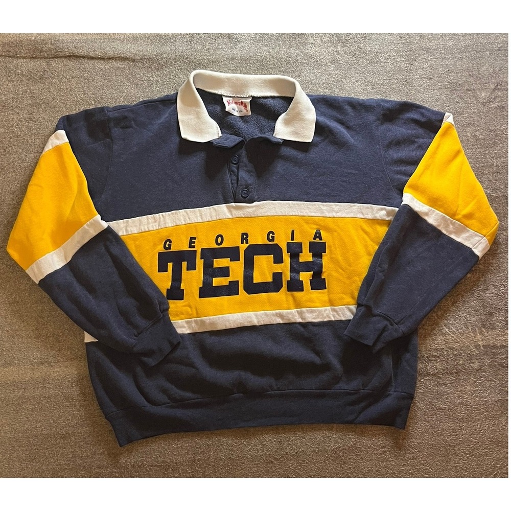 Vintage Georgia Tech Rugby Sweatshirt L Navy Yellow Collared Made in USA Retro